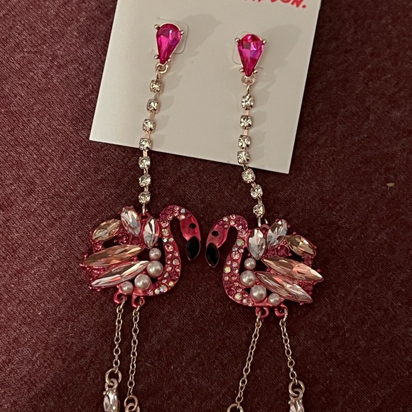 Betsey Johnson Rhinestone Pink Flamingo Earrings - Picture 2 of 3